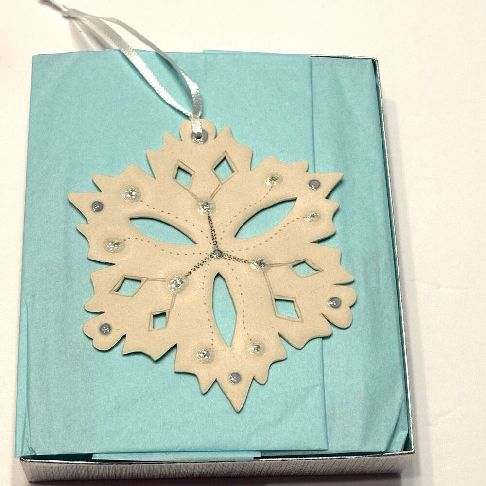 Thin Porcelain Embellished Glass White Blue Snow Flake Christmas Ornament Winter